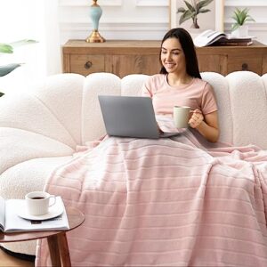 Bertte Plush Throw Blanket Super Soft Fuzzy Warm Blanket | 330 GSM Lightweight Fluffy Cozy Luxury Decorative Stripe Blanket for Bed Couch - 60"x 80", Pink