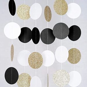 merrynine paper garland, 5 pack 50ft glitter paper garland circle dots hanging decor, paper banner for baby shower, birthday, nursery party decor(circle polka dots-black white gold-50 feet)