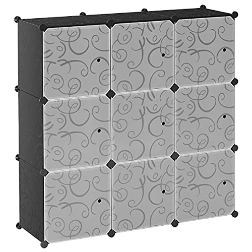 BASTUO Cube Storage Organizer, 9 DIY Plastic Closet Organizer Cabinet, Modular Bookcase Storage Shelves, Cube Organizer with Doors for Office, Livingroom, Black