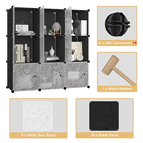 BASTUO Cube Storage Organizer, 9 DIY Plastic Closet Organizer Cabinet, Modular Bookcase Storage Shelves, Cube Organizer with Doors for Office, Livingroom, Black