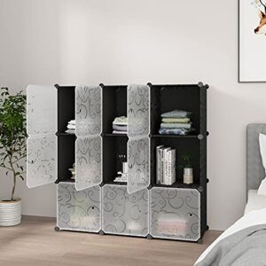 BASTUO Cube Storage Organizer, 9 DIY Plastic Closet Organizer Cabinet, Modular Bookcase Storage Shelves, Cube Organizer with Doors for Office, Livingroom, Black