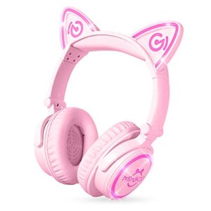 mindkoo cat ear bluetooth headphones pink, led light up over ear wireless headphones with microphone, comfort foldable headset for kids & adults