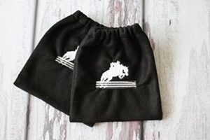 english stirrup covers, stirrup bag, equine iron covers, elastic closing, embroidered jumping horse and rider