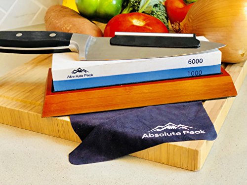 Best Whetstone Knife Sharpener Kit | 1000/6000 Grit Knife Sharpening Stone & Honing Stone | NonSlip Bamboo Base | Angle Guide, MicroFiber Polishing Cloth, & How to Sharpen a Knife eBook