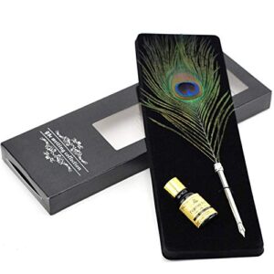 peacock feather quill pen calligraphy writing dip pen with ink for kids friends, write smoothly, birthday wedding gift set