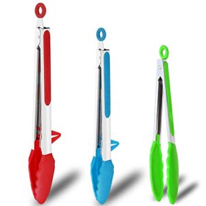 mekbok kitchen tongs with silicone tips and stands, cooking tongs, bbq grill tongs, set of 3