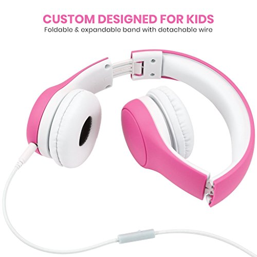 KPTEC [Volume Limited Kids Safety Foldable On-Ear Headphones with Mic, Volume Controlled at Max 93dB to Prevent Noise-induced Hearing Loss (NIHL), Passive Noise Reduction, Wired Earbuds,Pink