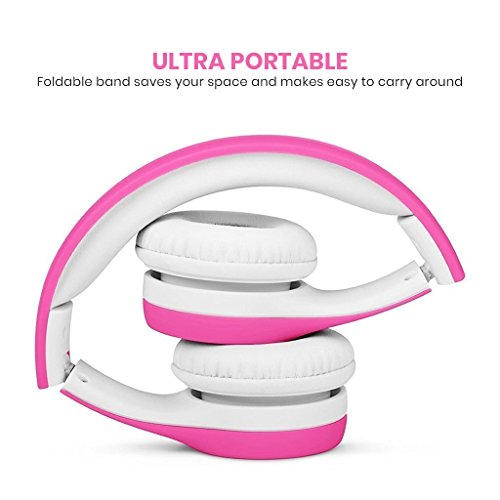 KPTEC [Volume Limited Kids Safety Foldable On-Ear Headphones with Mic, Volume Controlled at Max 93dB to Prevent Noise-induced Hearing Loss (NIHL), Passive Noise Reduction, Wired Earbuds,Pink