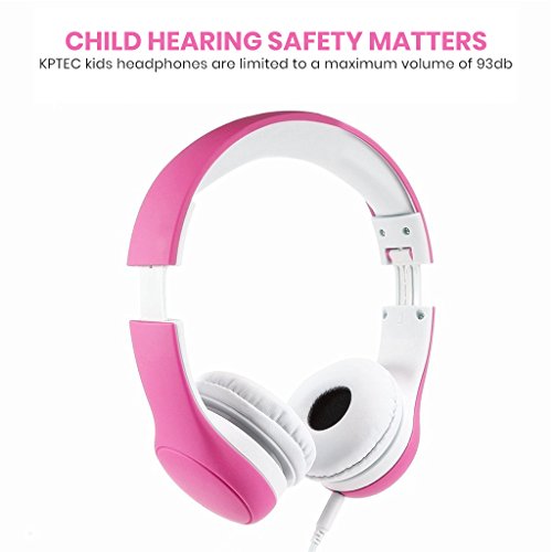 KPTEC [Volume Limited Kids Safety Foldable On-Ear Headphones with Mic, Volume Controlled at Max 93dB to Prevent Noise-induced Hearing Loss (NIHL), Passive Noise Reduction, Wired Earbuds,Pink