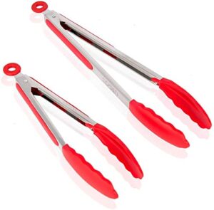 uigos kitchen cooking food tongs stainless steel with silicone heads locking clip 2 piece  (9" & 12")