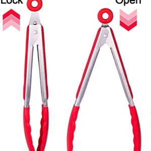 Uigos Kitchen Cooking Food Tongs Stainless Steel With Silicone Heads Locking Clip 2 Piece  (9" & 12")