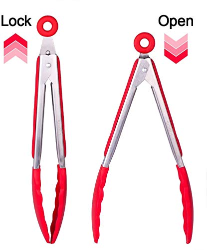 Uigos Kitchen Cooking Food Tongs Stainless Steel With Silicone Heads Locking Clip 2 Piece  (9" & 12")