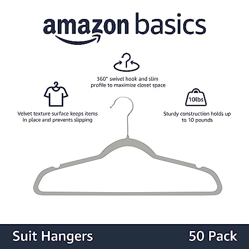 Amazon Basics Slim, Velvet, Non-Slip Suit Clothes Hangers, Gray/Silver - Pack of 50