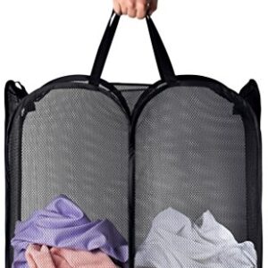 Mesh Popup Laundry Hamper - Two Compartments, Collapsible for Storage and Easy to Open. Folding Pop-Up Clothes Hampers are Great for The Kids Room, College Dorm or Travel. (Black)