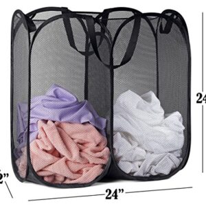 Mesh Popup Laundry Hamper - Two Compartments, Collapsible for Storage and Easy to Open. Folding Pop-Up Clothes Hampers are Great for The Kids Room, College Dorm or Travel. (Black)