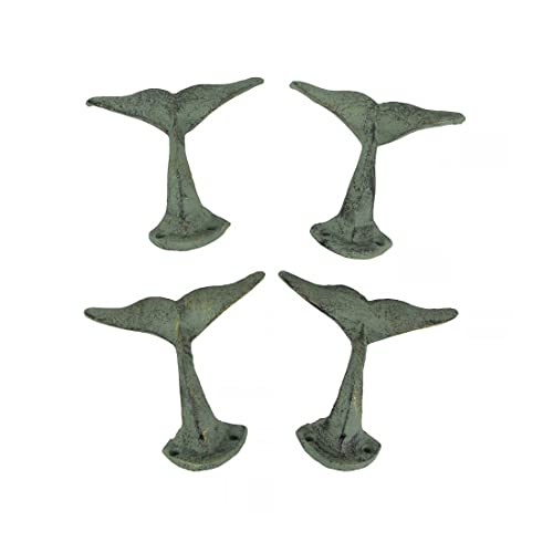 Zeckos Set of 4 Verdigris Green Finish Cast Iron Whale Tail Wall Hooks Nautical Décor 4.5 Inches Long