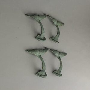 Zeckos Set of 4 Verdigris Green Finish Cast Iron Whale Tail Wall Hooks Nautical Décor 4.5 Inches Long