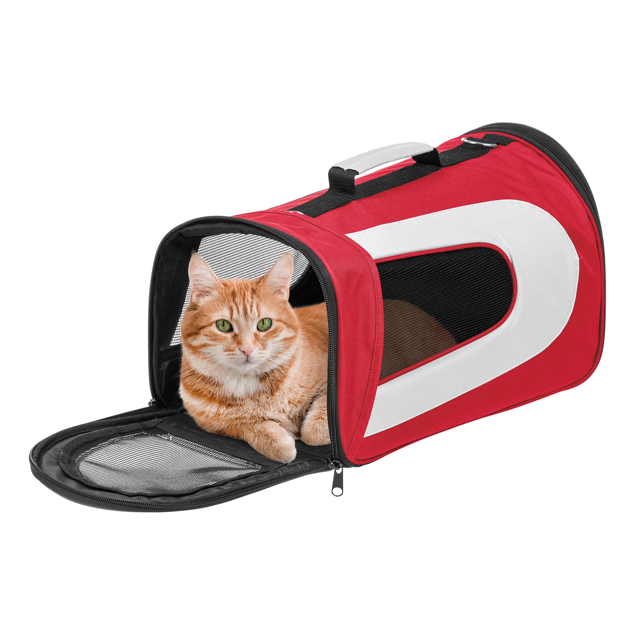 IRIS USA Large Soft Sided Carrier with Shoulder Strap, Sturdy Collapsible Water Resistant Cat Dog Pet Carrier with Padded Bottom and Top Handle for Travel Road Trip, Red