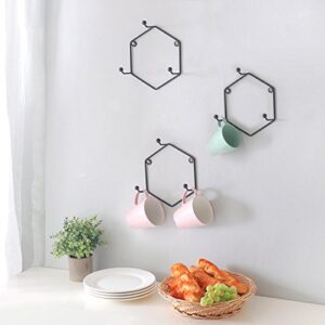 MyGift Black Metal Hanging Coffee Mug Rack, Geometric Design 3-Hook Coffee Mug Holder Wall Mount Hooks, Set of 3