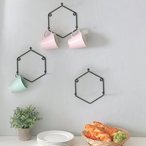 MyGift Black Metal Hanging Coffee Mug Rack, Geometric Design 3-Hook Coffee Mug Holder Wall Mount Hooks, Set of 3