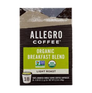 allegro coffee, coffee breakfast blend pods organic 18 count, 6.9 ounce