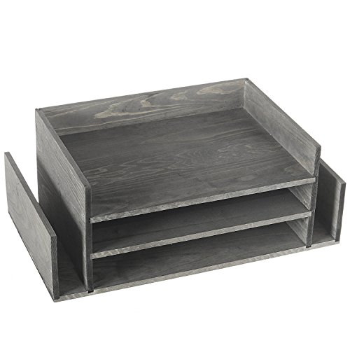 MyGift Weathered Gray Wood 3-Tier Desktop Paper Tray Organizer, Document and Folder Rack with 2 Side Mail Holder Slots