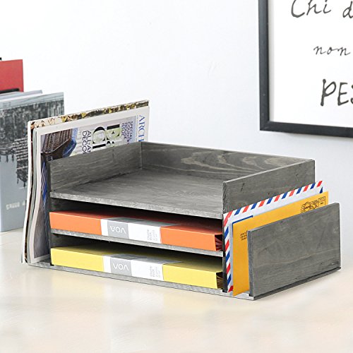 MyGift Weathered Gray Wood 3-Tier Desktop Paper Tray Organizer, Document and Folder Rack with 2 Side Mail Holder Slots