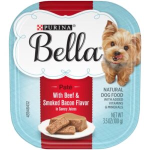 purina bella natural small breed pate wet dog food, with beef & smoked bacon in savory juices - (12) 3.5 oz. trays