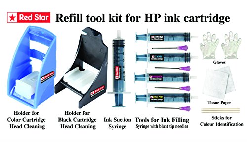 Red Star Ink Cartridge Refill Tool kit for hp 63 62 61 60 64 65 67 & 901 Black and Color Ink Cartridge ( Tools for Ink Filling, Nozzle Cleaning, Ink Suction Priming Holder Clip & Instructions )