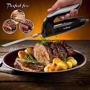 NutriChef Upgraded Premium Electric Knife - 8.9" Carving Knife, Serrated Blades, Lightweight, Ergonomic Design Easy Grip, Easy Blade Removal, Great For Thanksgiving, Meat & Cheese, Black - PKELKN8