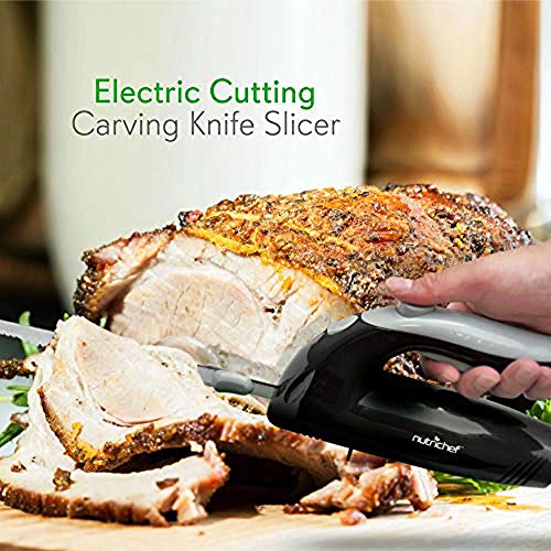 NutriChef Upgraded Premium Electric Knife - 8.9" Carving Knife, Serrated Blades, Lightweight, Ergonomic Design Easy Grip, Easy Blade Removal, Great For Thanksgiving, Meat & Cheese, Black - PKELKN8