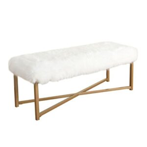 homepop faux fur rectangle dining bench with metal base, white