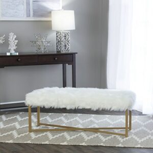 HomePop Faux Fur Rectangle Dining Bench with Metal Base, White