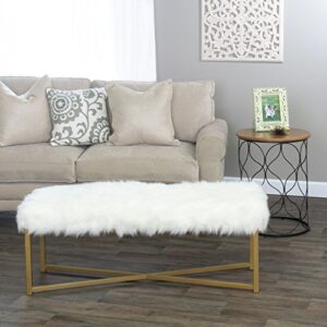 HomePop Faux Fur Rectangle Dining Bench with Metal Base, White
