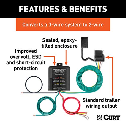 CURT 56496 Weather-Resistant Powered 3-to-2-Wire Splice-in Trailer Tail Light Converter, 4-Pin Wiring Harness , Black