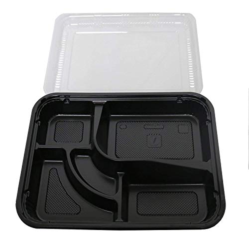 EquipmentBlvd Black Plastic 5 Compartment Japanese Bento Box Food Container with Clear Lid, TZ-306 (50 count)