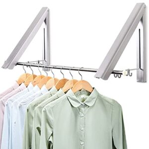 LIVEHITOP Wall Mounted Clothes Rack 2 Pcs, Folding Coat Hanger Dryer Hanging Rail Rod Wardrobe Hooks for Bathroom Balcony RV Indoor Outdoor (Silver, Rod)