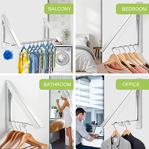 LIVEHITOP Wall Mounted Clothes Rack 2 Pcs, Folding Coat Hanger Dryer Hanging Rail Rod Wardrobe Hooks for Bathroom Balcony RV Indoor Outdoor (Silver, Rod)