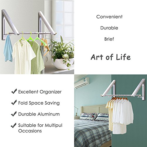 LIVEHITOP Wall Mounted Clothes Rack 2 Pcs, Folding Coat Hanger Dryer Hanging Rail Rod Wardrobe Hooks for Bathroom Balcony RV Indoor Outdoor (Silver, Rod)