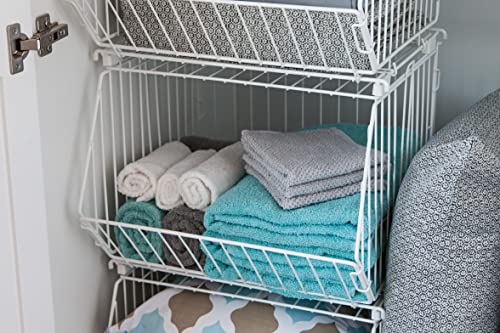 IRIS USA 17" Modular Wire Stacking Storage Basket, Great Storage for Linens, Groceries, Toys, Books, and More, Stackable, Easy Assemble, Multipurpose Home Organizer, White