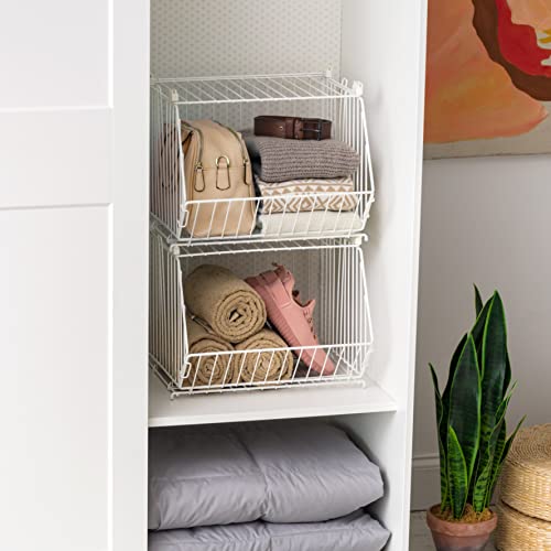 IRIS USA 17" Modular Wire Stacking Storage Basket, Great Storage for Linens, Groceries, Toys, Books, and More, Stackable, Easy Assemble, Multipurpose Home Organizer, White