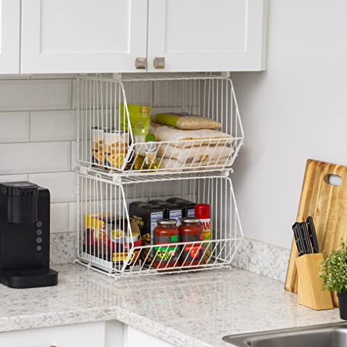 IRIS USA 17" Modular Wire Stacking Storage Basket, Great Storage for Linens, Groceries, Toys, Books, and More, Stackable, Easy Assemble, Multipurpose Home Organizer, White