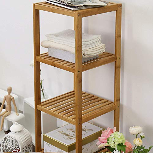 kinbor 4-Tier Bamboo Shelf Narrow Bathroom Shelf Organizer - Flower Plant Stand, Corner Bamboo Shelf for Living Room Bathroom Kitchen