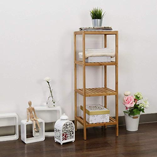 kinbor 4-Tier Bamboo Shelf Narrow Bathroom Shelf Organizer - Flower Plant Stand, Corner Bamboo Shelf for Living Room Bathroom Kitchen