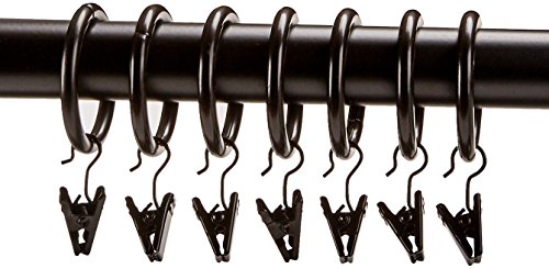 Amazon Basics 1" Curtain Rod with Cap Finials, 72" to 144" and Amazon Basics 1" Curtain Clip Ring, Set of 7, Espresso (Dark Bronze)