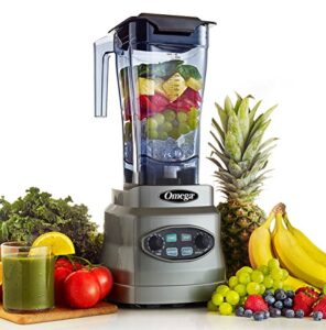 omega 3hp blender 64 oz bpa free container creates delicious smoothies features stainless steel blades & 10-speeds plus pulse includes plunger & recipe book, 1400-watt, silver