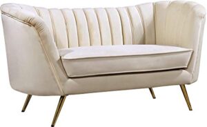meridian furniture margo collection modern | contemporary velvet upholstered loveseat with deep channel tufting and rich gold stainless steel legs, cream, 65" w x 30" d x 33" h