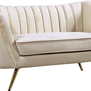 Meridian Furniture Margo Collection Modern | Contemporary Velvet Upholstered Loveseat with Deep Channel Tufting and Rich Gold Stainless Steel Legs, Cream, 65" W x 30" D x 33" H