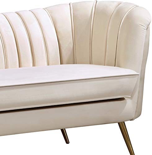 Meridian Furniture Margo Collection Modern | Contemporary Velvet Upholstered Loveseat with Deep Channel Tufting and Rich Gold Stainless Steel Legs, Cream, 65" W x 30" D x 33" H