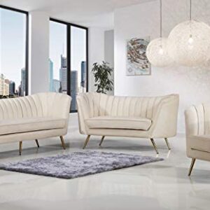 Meridian Furniture Margo Collection Modern | Contemporary Velvet Upholstered Loveseat with Deep Channel Tufting and Rich Gold Stainless Steel Legs, Cream, 65" W x 30" D x 33" H